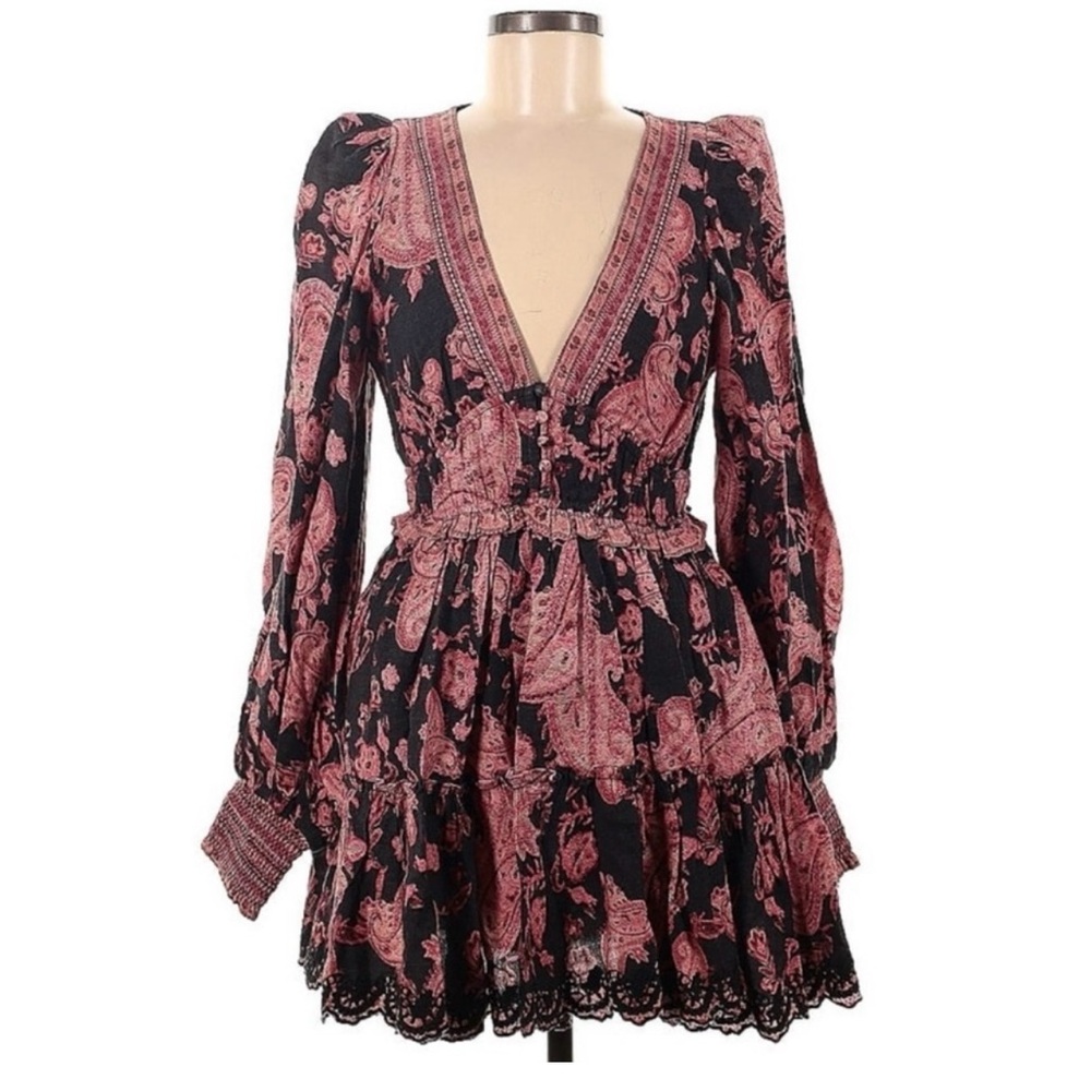 NEW HEMANT & NANDITA Luana Printed Wool-Cotton Mini Dress Red Black Paisley Med